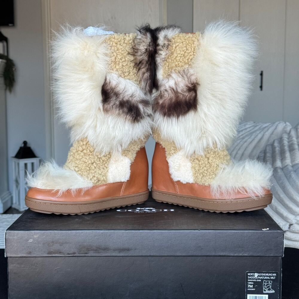 Coach Morton Shearling Mix Boots Saddle Natural Multi Women's 7M NIB